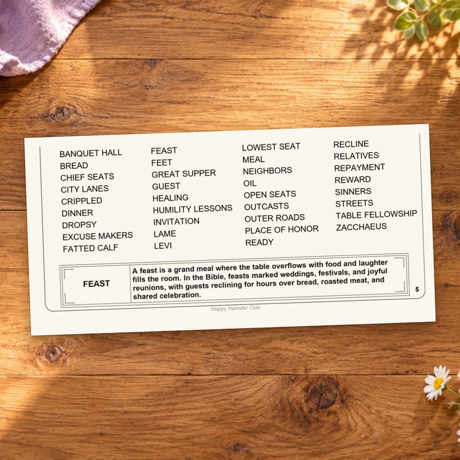 Printed word list and Word Spotlight from Table and Hospitality.