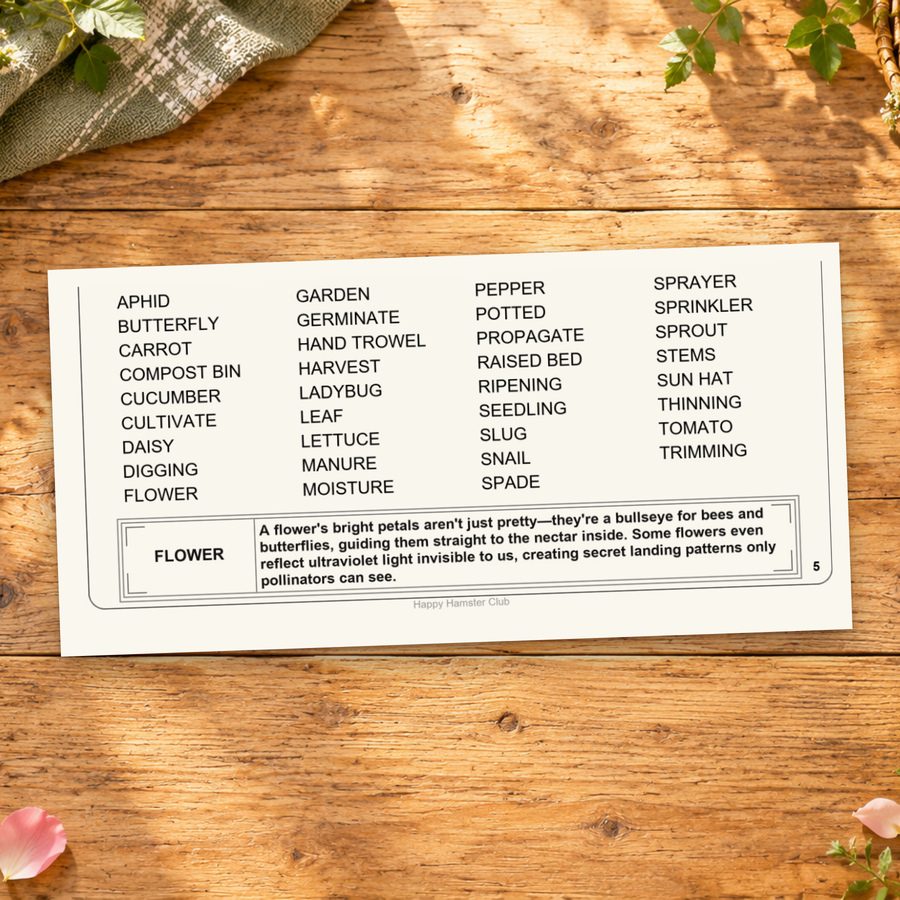 Printed word list and Word Spotlight from A Day in the Garden.