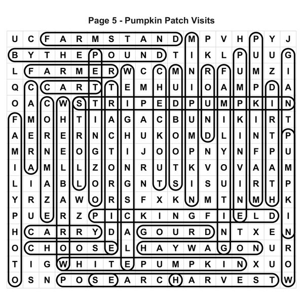 The printed solution to Pumpkin Patch Visits, with hidden words circled in the answer grid.