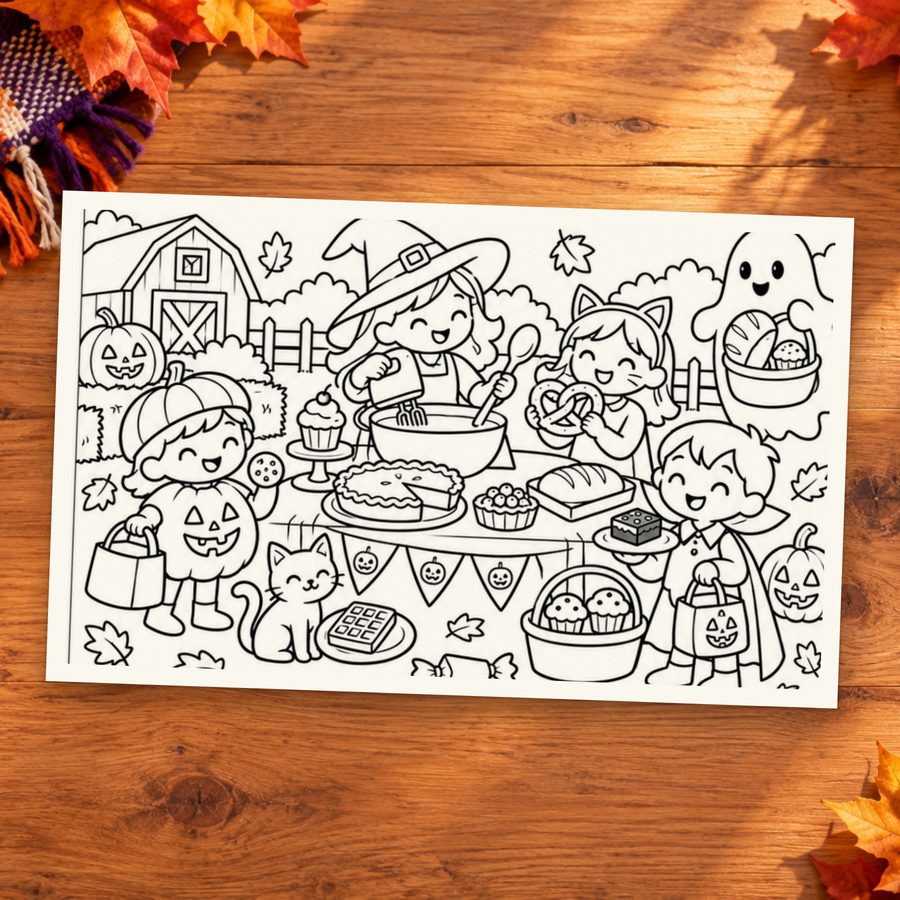 An uncolored Farm Bakery scene with friendly Halloween characters and baked treats.