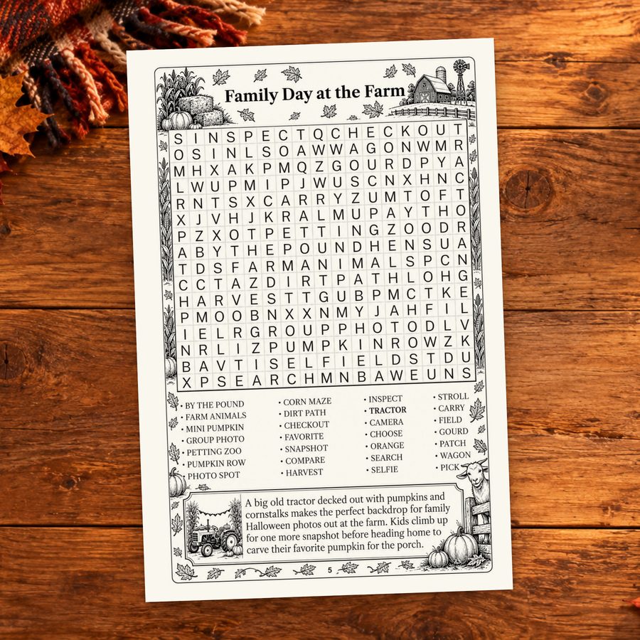 The complete Family Day at the Farm puzzle page, including its word list.