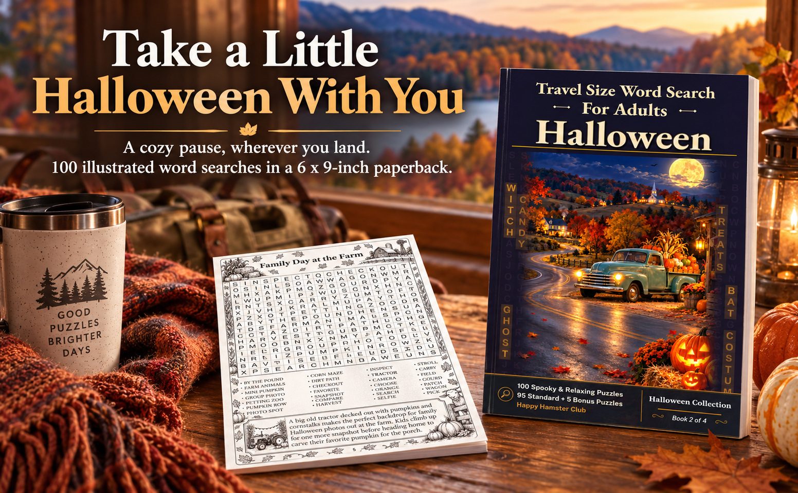 A warm reading scene with this paperback and a black-and-white puzzle page.
