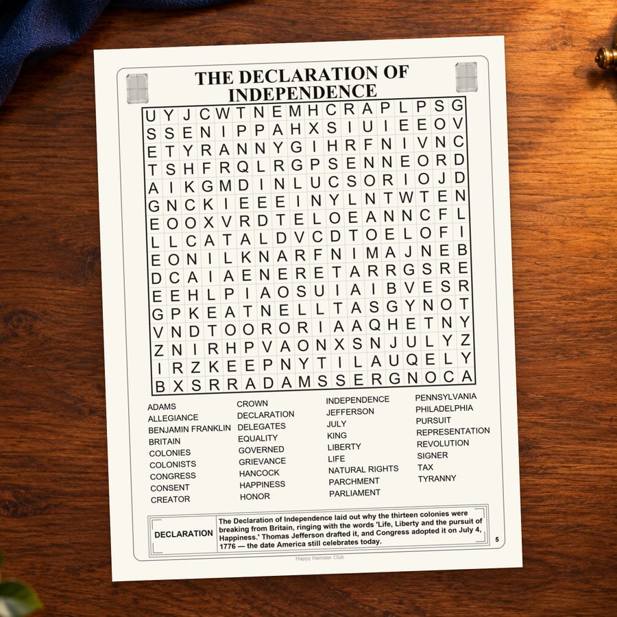 The complete The Declaration of Independence puzzle page, including its word list.