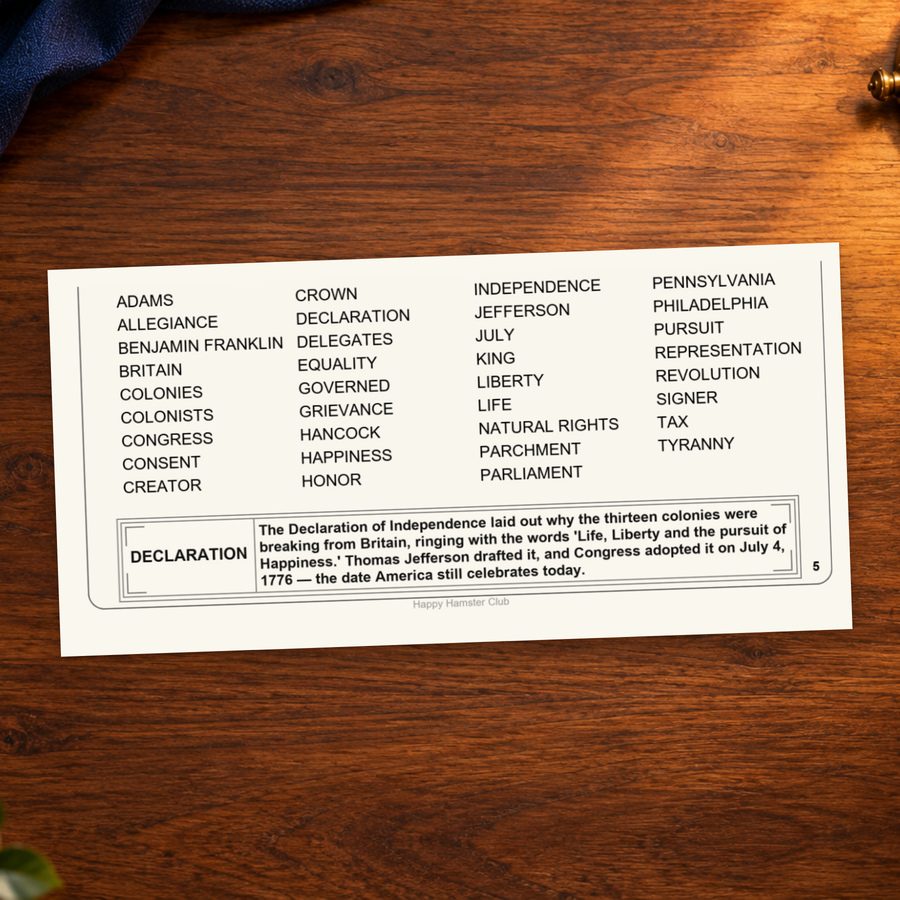 Printed word list and Word Spotlight from The Declaration of Independence.