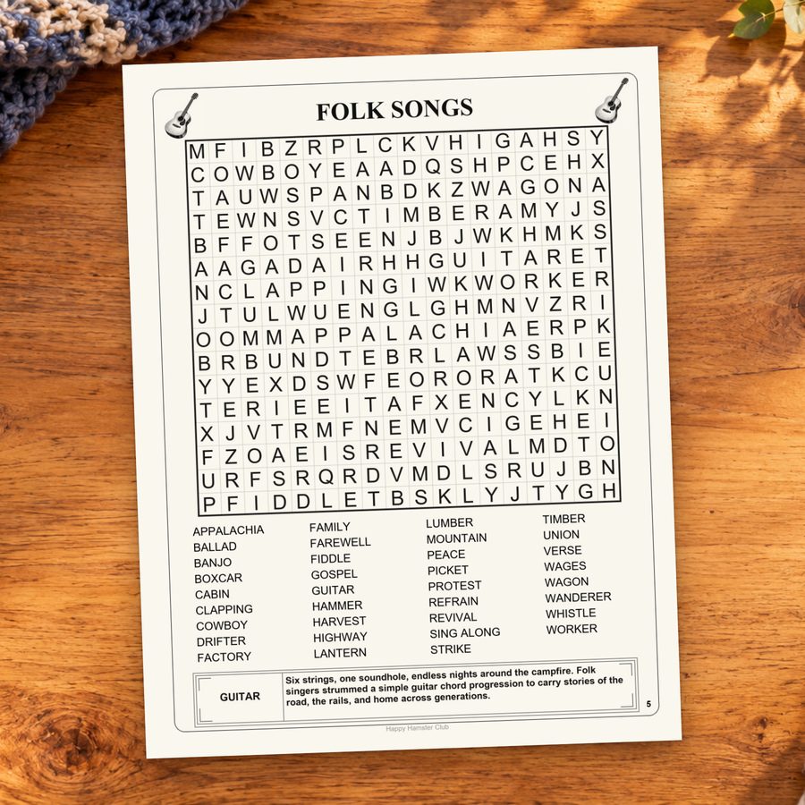 The complete Folk Songs puzzle page, including its word list.