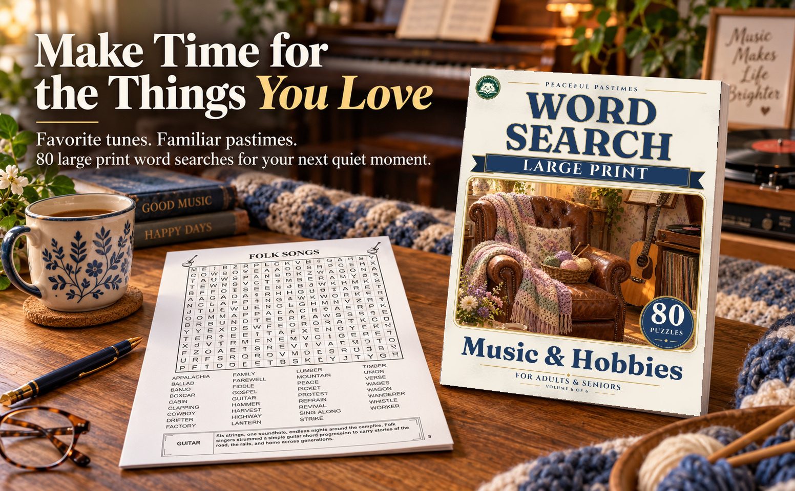 A warm reading scene with this paperback and a black-and-white puzzle page.