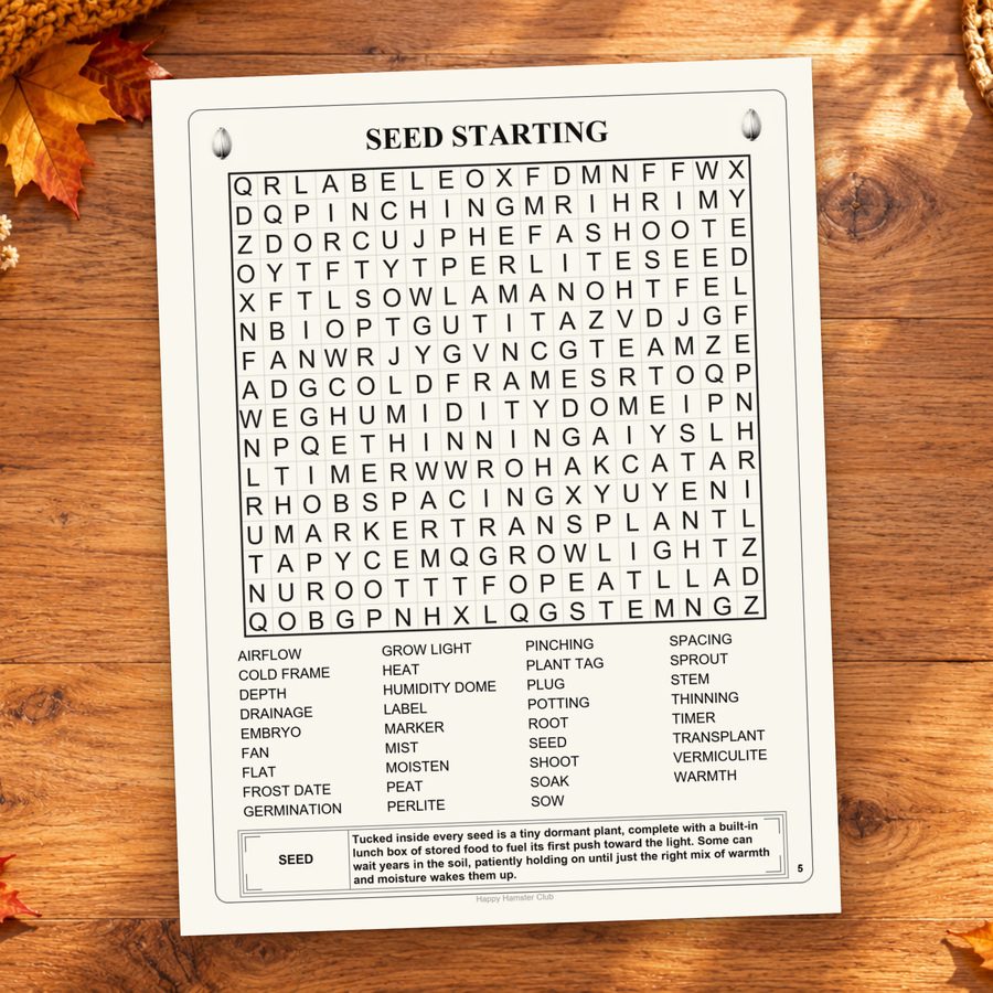 The complete Seed Starting puzzle page, including its word list.