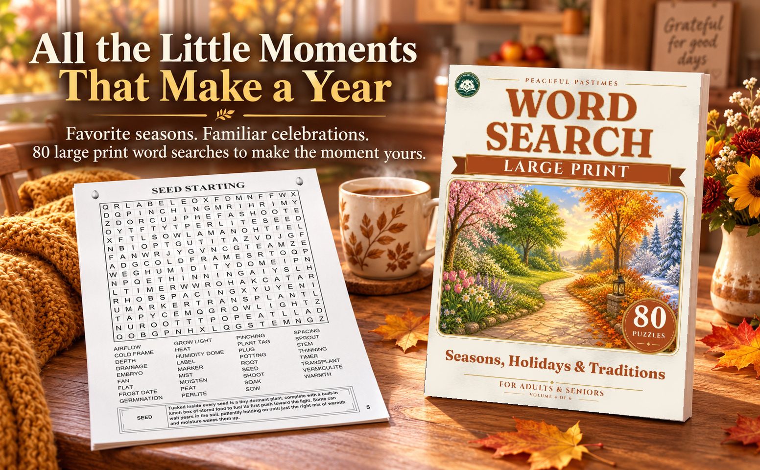 A warm reading scene with this paperback and a black-and-white puzzle page.
