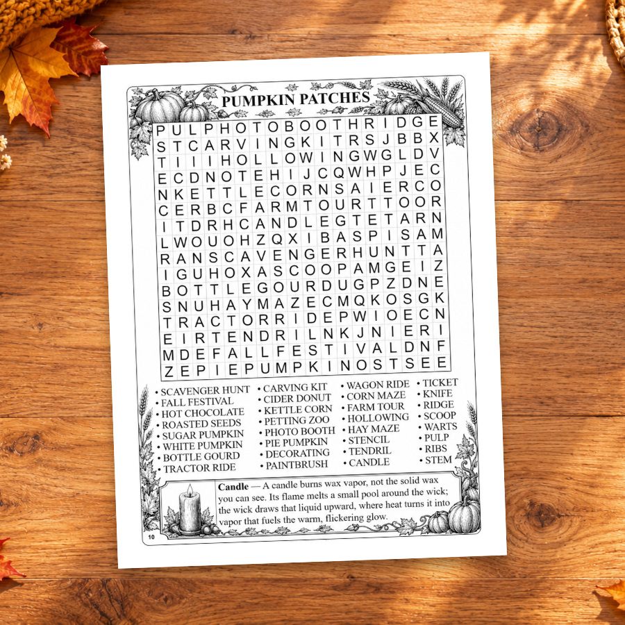 The complete printed Pumpkin Patches word search page, including its word list and Word Spotlight.