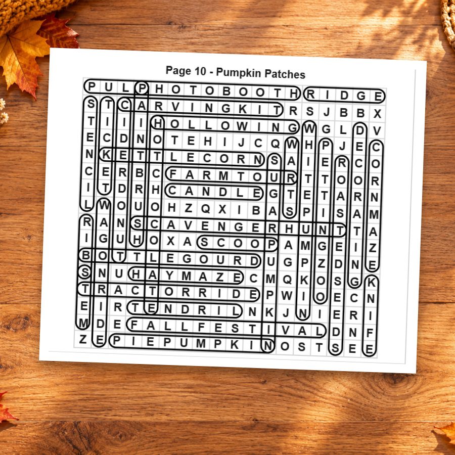 The printed Pumpkin Patches solution grid with the hidden words marked.