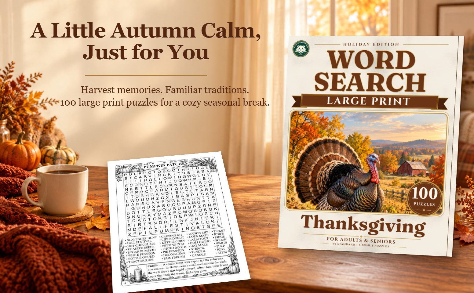 The Thanksgiving paperback and its Pumpkin Patches puzzle in a warm autumn reading scene.