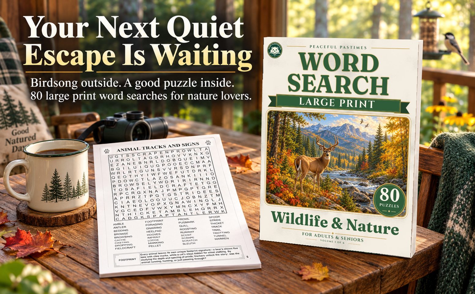 A warm reading scene with this paperback and a black-and-white puzzle page.